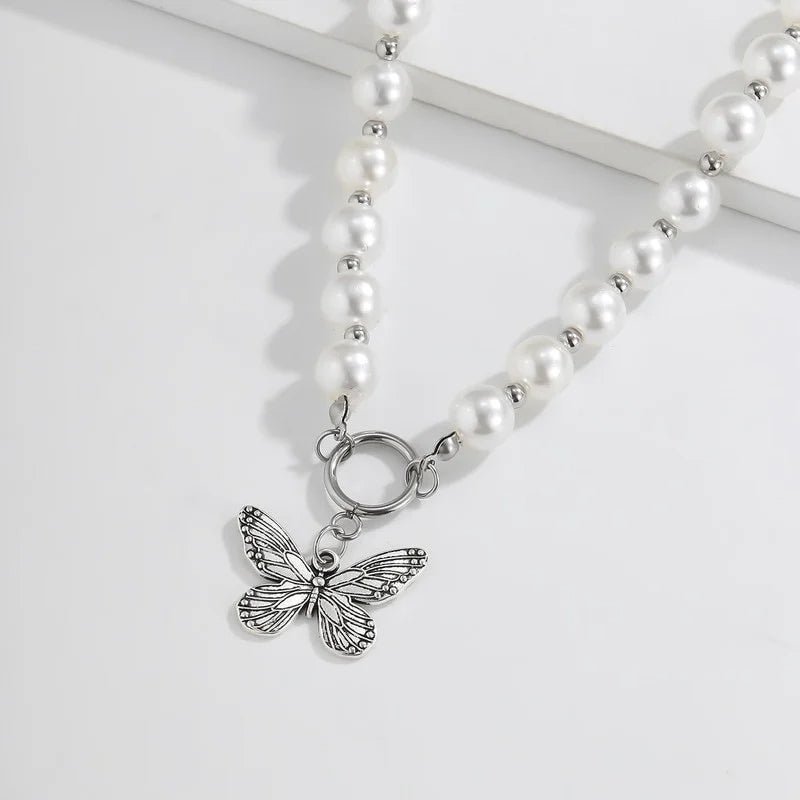 Beaded Pearl Butterfly Pendant Choker Necklace
