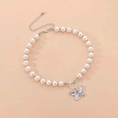 Beaded Pearl Butterfly Pendant Choker Necklace