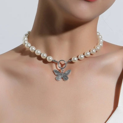 Beaded Pearl Butterfly Pendant Choker Necklace