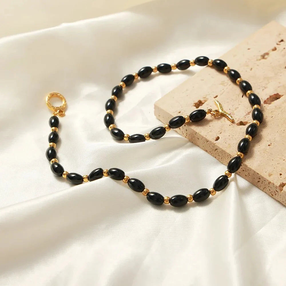 Boho Beaded Black and Gold Circle Clasp Necklace