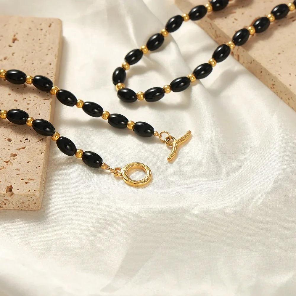 Boho Beaded Black and Gold Circle Clasp Necklace
