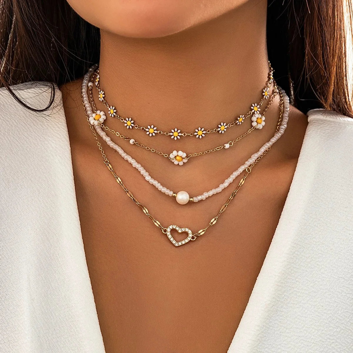 Boho Spring Daisy Necklace Stack