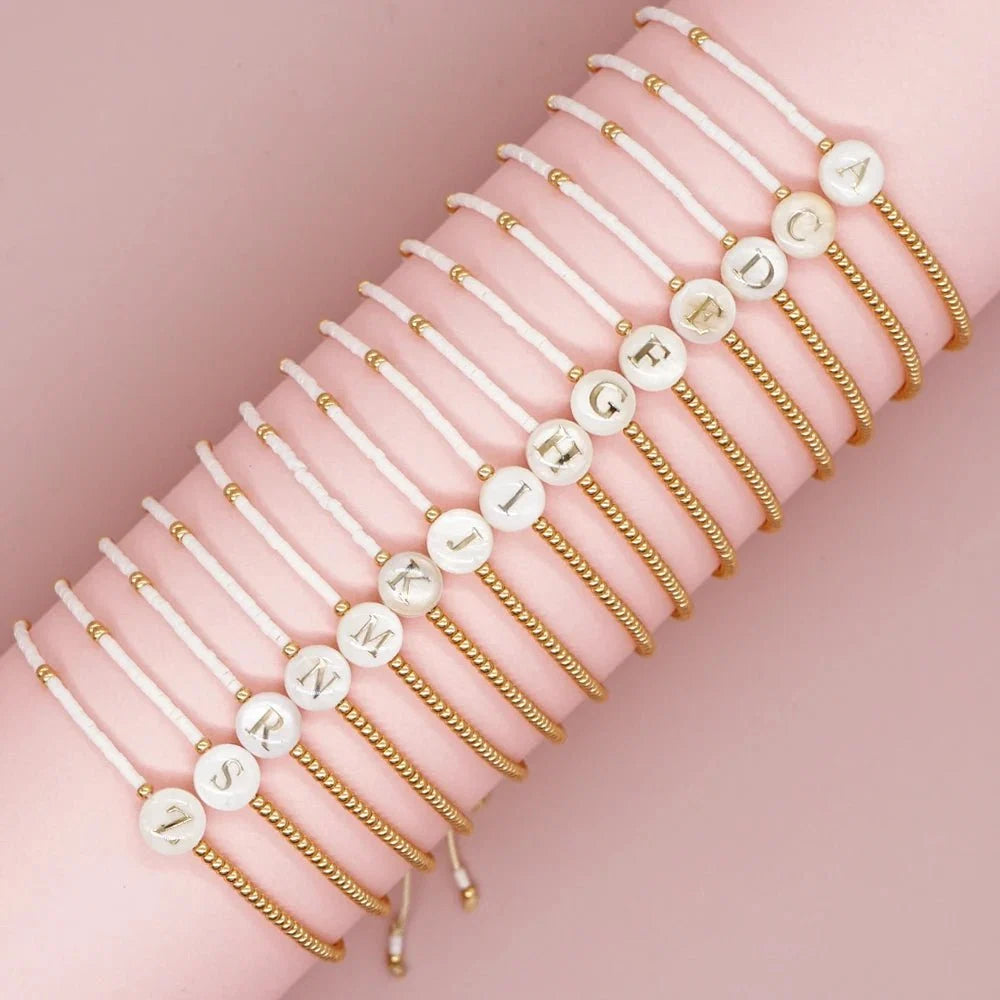 Boho White & Gold Beaded Letter Initial Beaded Bracelets