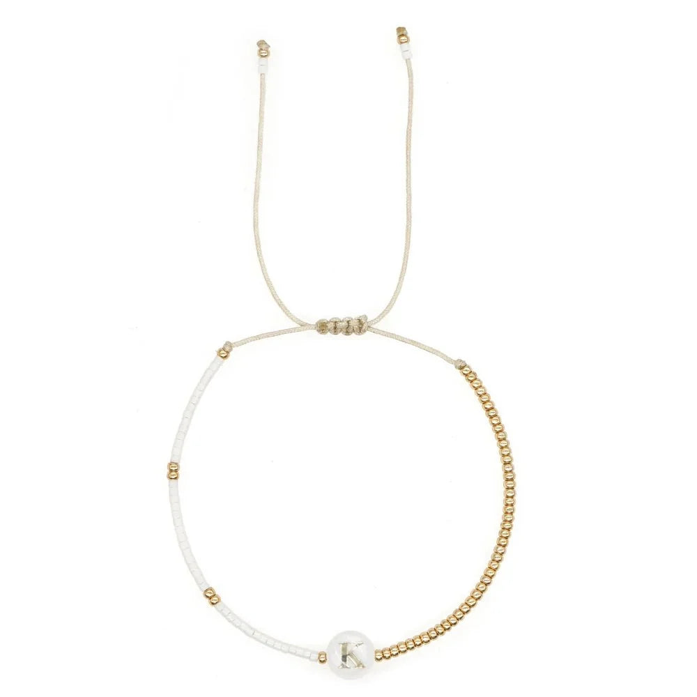 Boho White & Gold Beaded Letter Initial Beaded Bracelets