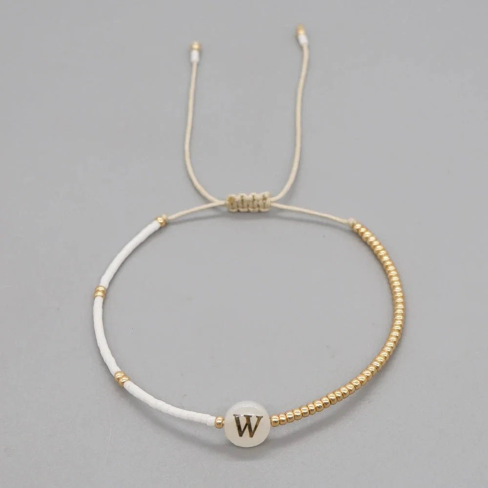 Boho White & Gold Beaded Letter Initial Beaded Bracelets