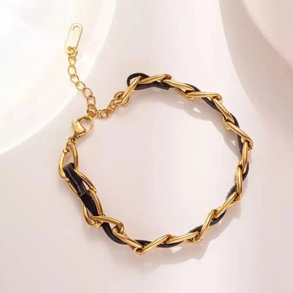 Braided Gold and Black Chain Leather Bracelet