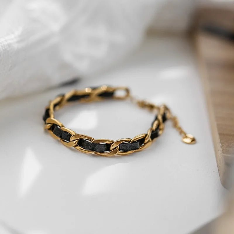 Braided Gold and Black Chain Leather Bracelet