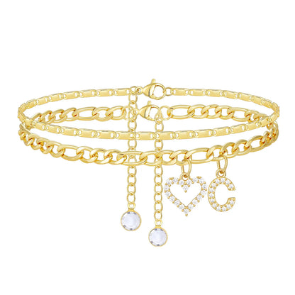 2pc 14k Letter Initial & Diamond Heart Anklet