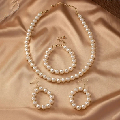 Classy Beaded Pearl Necklace, Bracelet, and Earring Set