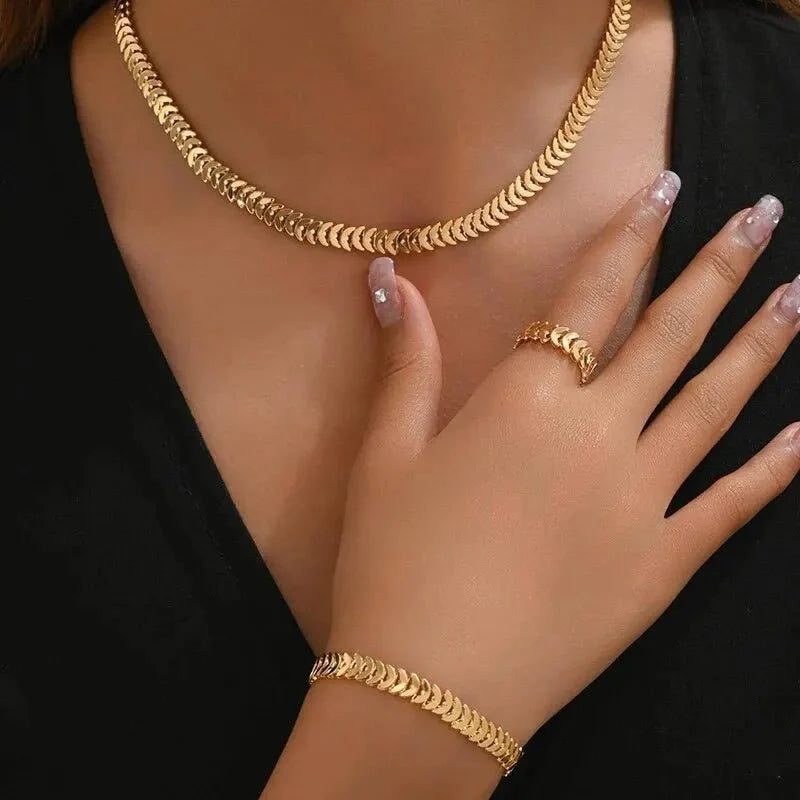 Classy Fishbone Necklace, Bracelet, and Ring Set