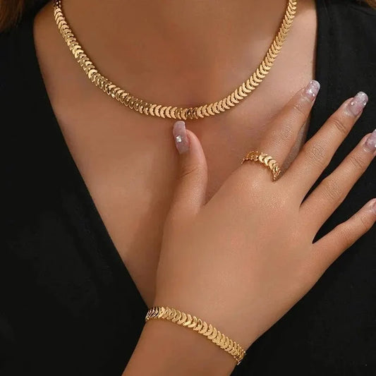 Classy Fishbone Necklace, Bracelet, and Ring Set