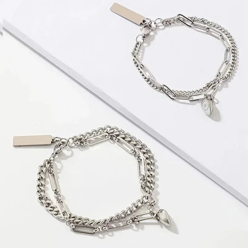 Couples Magnetic Heart Cuban & Paperclip Chain Bracelet Set