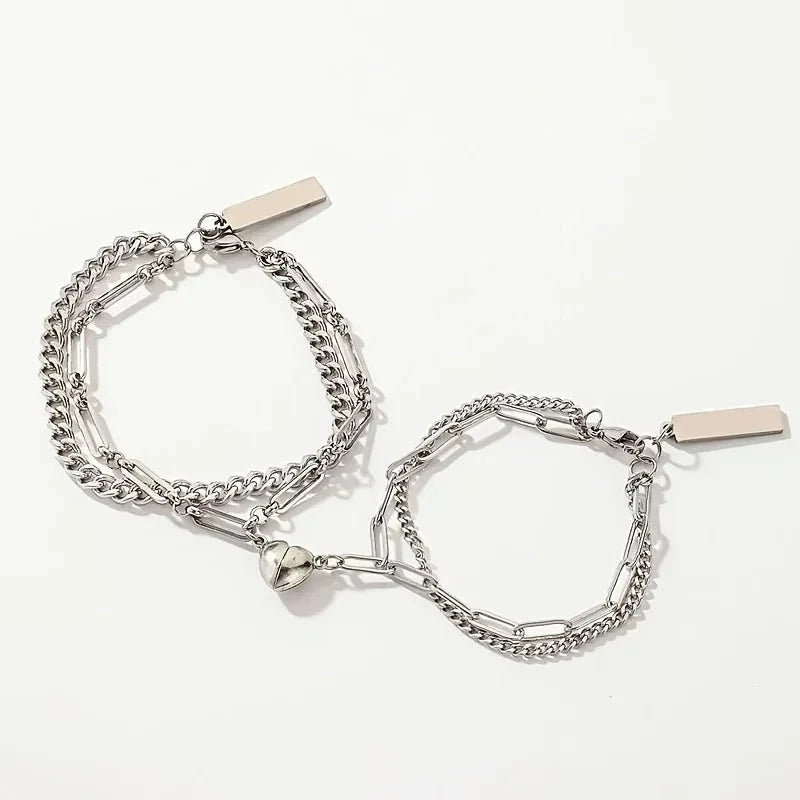Couples Magnetic Heart Cuban & Paperclip Chain Bracelet Set