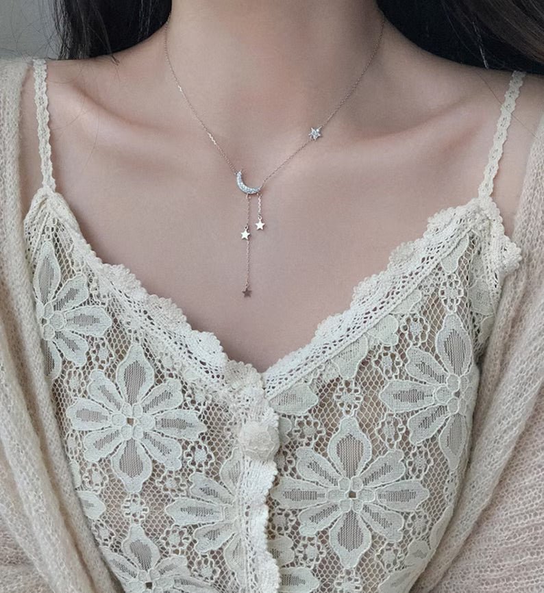 Crescent Moon Dangling Star Necklace