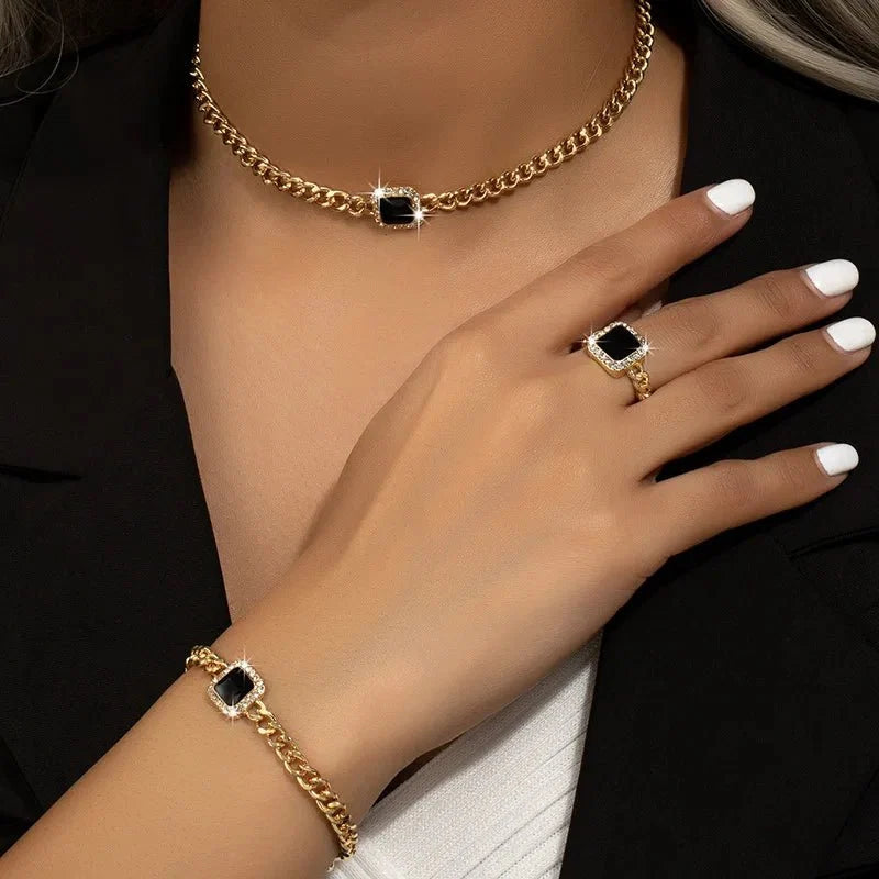 Cuban Square Diamond Necklace, Bracelet, and Ring Set