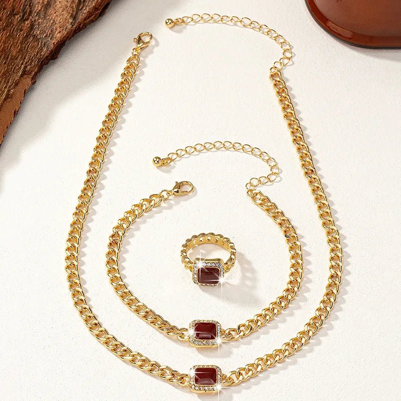 Cuban Square Diamond Necklace, Bracelet, and Ring Set