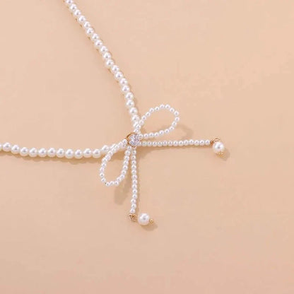 Dainty Beaded Pearl Bow Choker Necklace