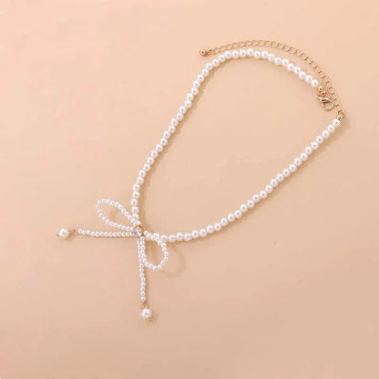 Dainty Beaded Pearl Bow Choker Necklace