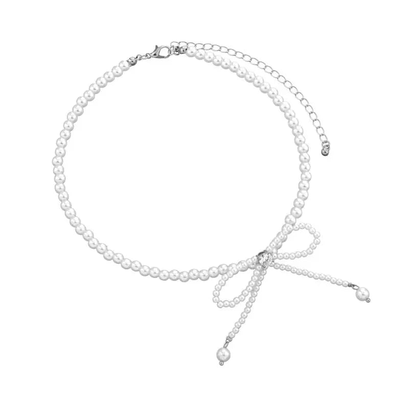 Dainty Beaded Pearl Bow Choker Necklace