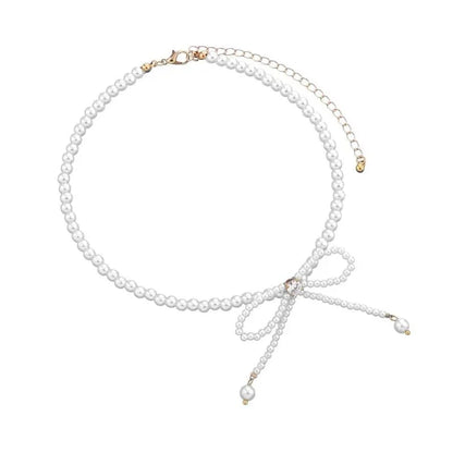 Dainty Beaded Pearl Bow Choker Necklace