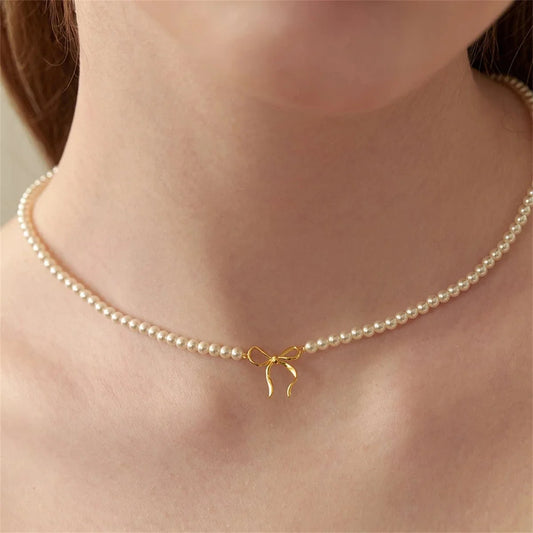Dainty Beaded Pearl Bow Feminine Choker Necklace