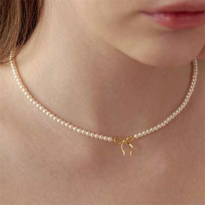 Dainty Beaded Pearl Bow Feminine Choker Necklace