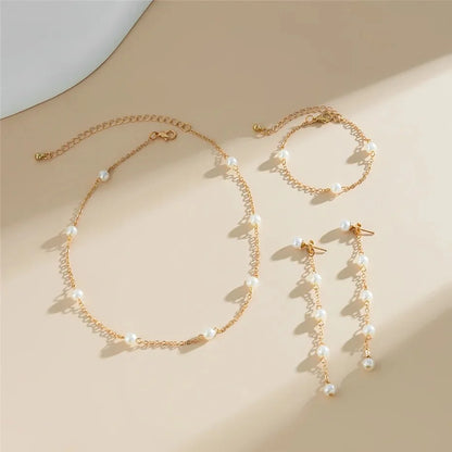 Dainty Chain Pearl Bracelet, Necklace, and Earring Set