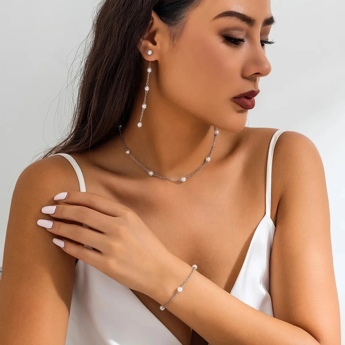 Dainty Chain Pearl Bracelet, Necklace, and Earring Set