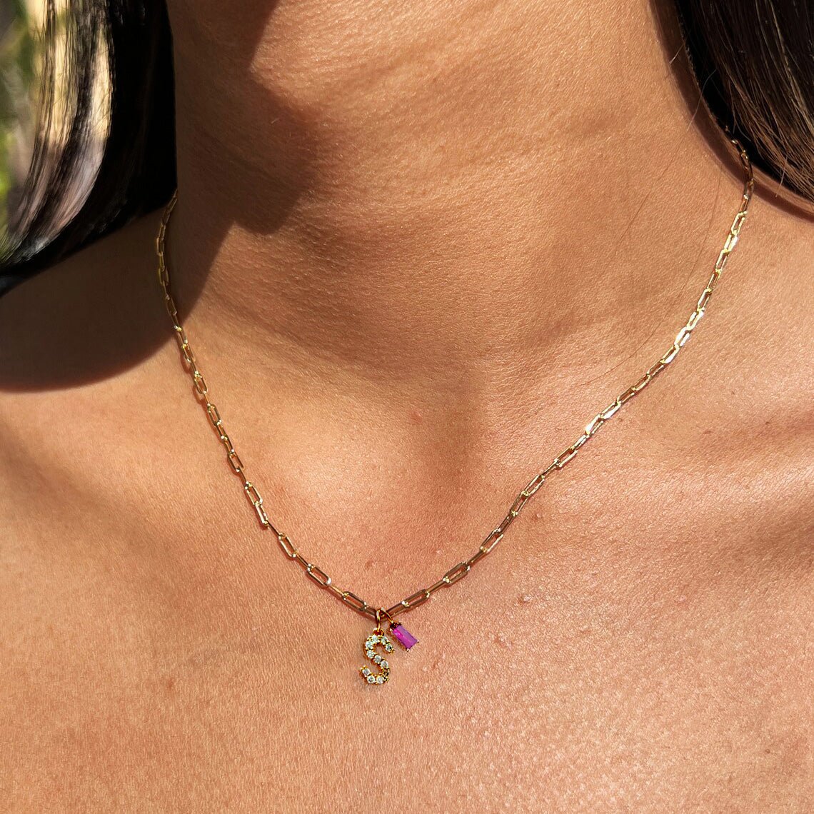 Dainty Diamond Letter Initial & Birthstone Paperclip Chain Necklace