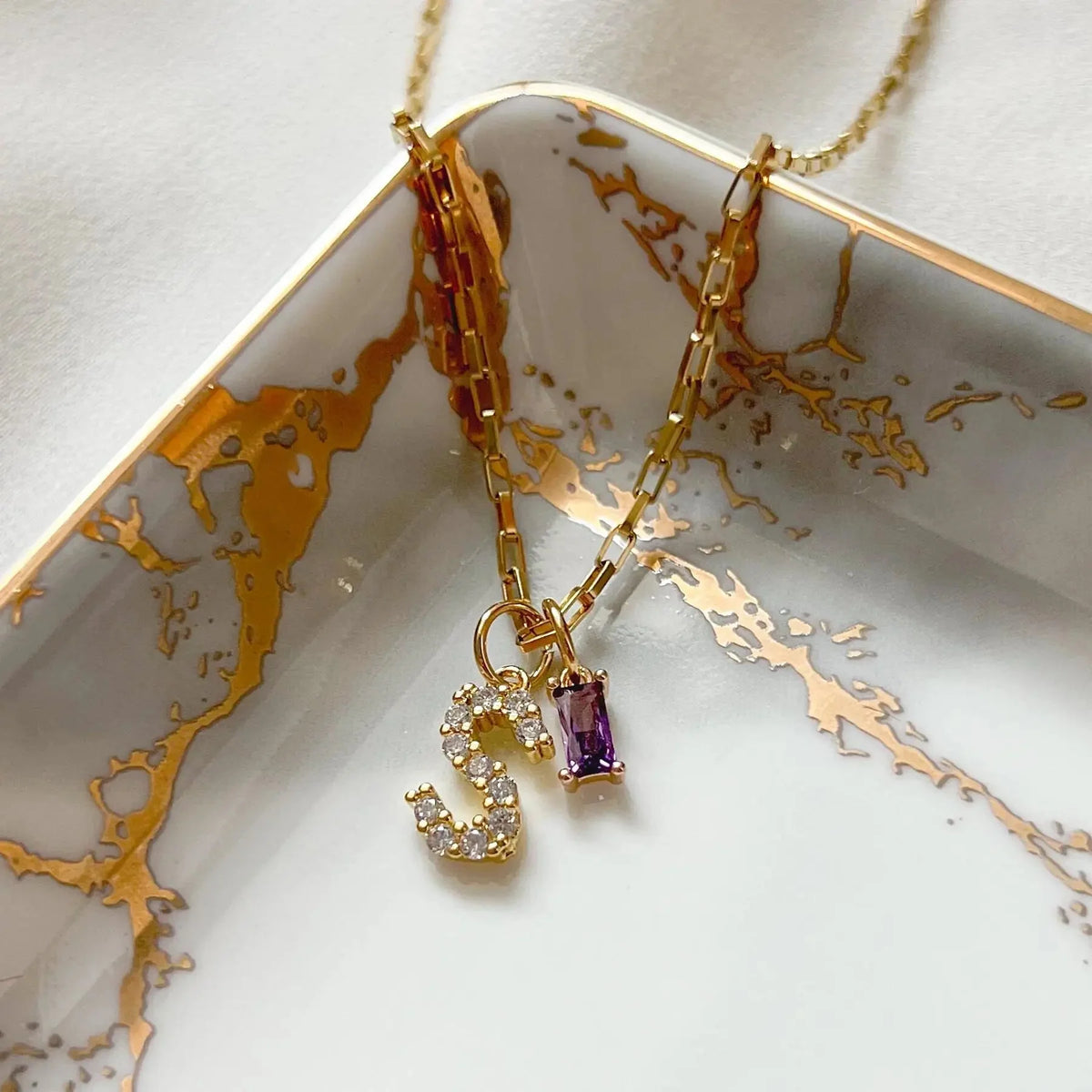 Dainty Diamond Letter Initial & Birthstone Paperclip Chain Necklace