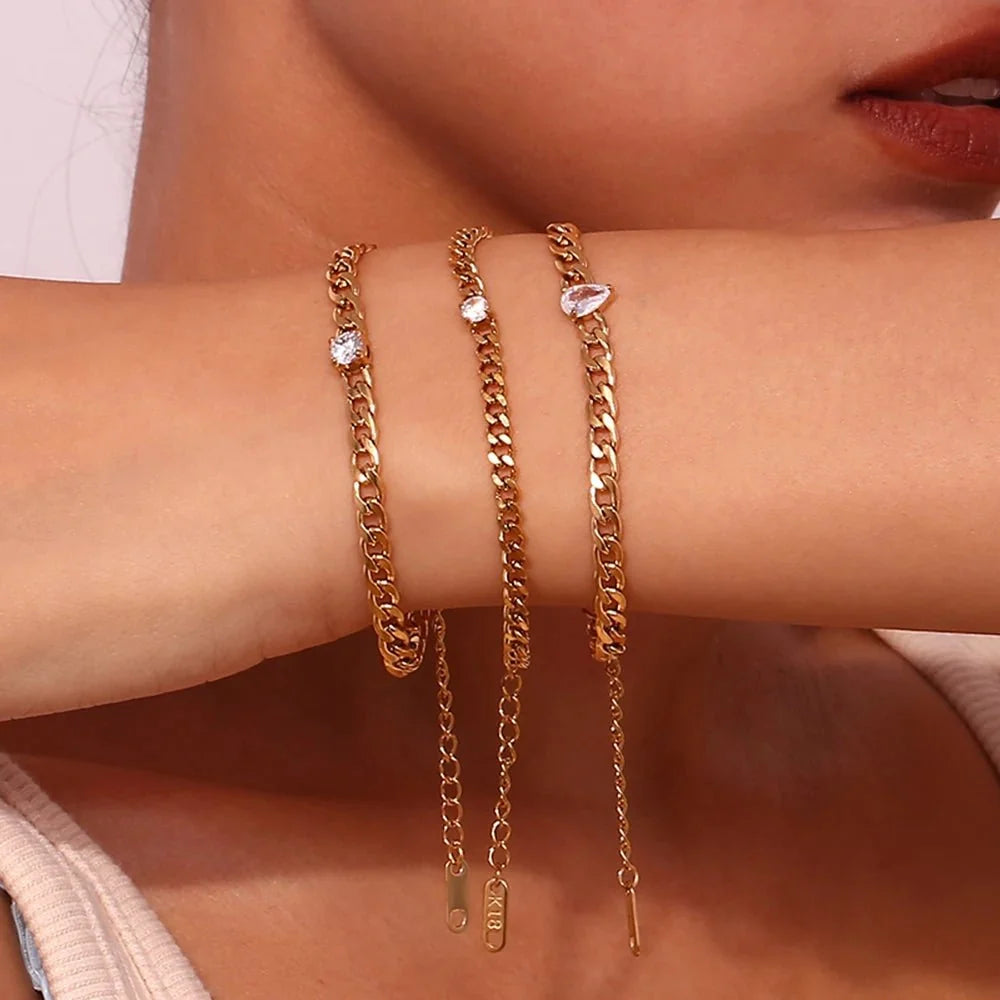 Dainty Diamond Set Gold Cuban Bracelets