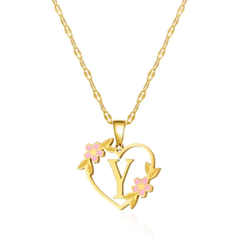 Dainty Floral Accented Heart Letter Initial Necklace