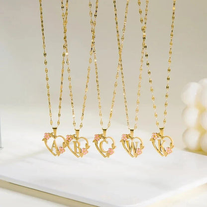 Dainty Floral Accented Heart Letter Initial Necklace