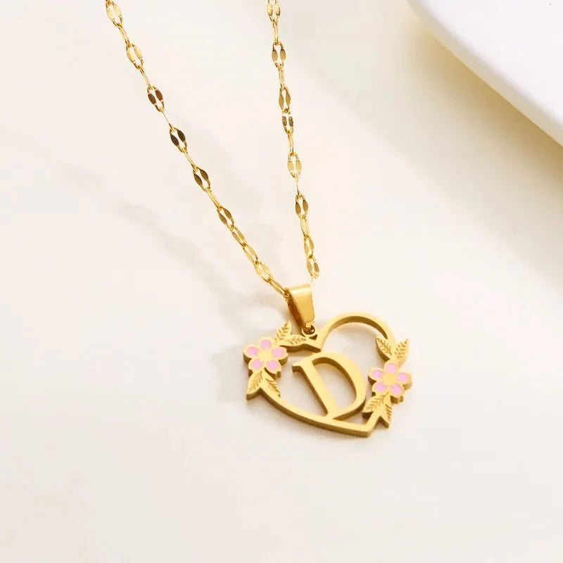 Dainty Floral Accented Heart Letter Initial Necklace