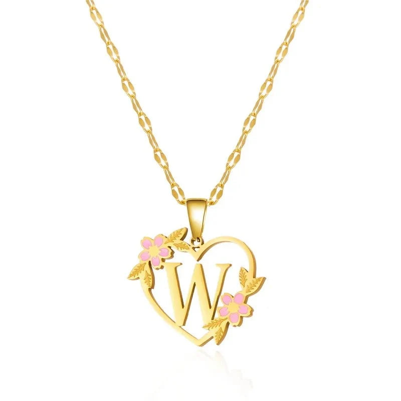 Dainty Floral Accented Heart Letter Initial Necklace