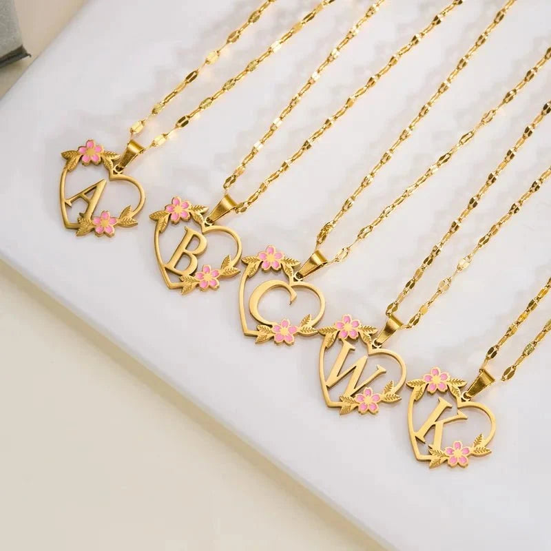 Dainty Floral Accented Heart Letter Initial Necklace
