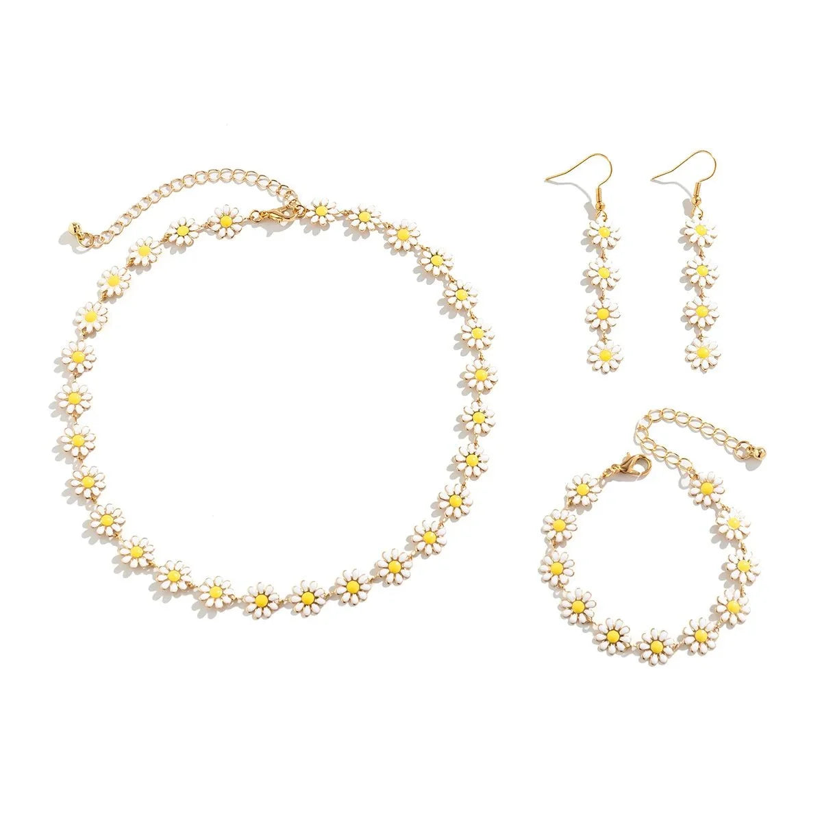 Dainty Floral Daisy Choker Necklace, Bracelet, and Earrings Set