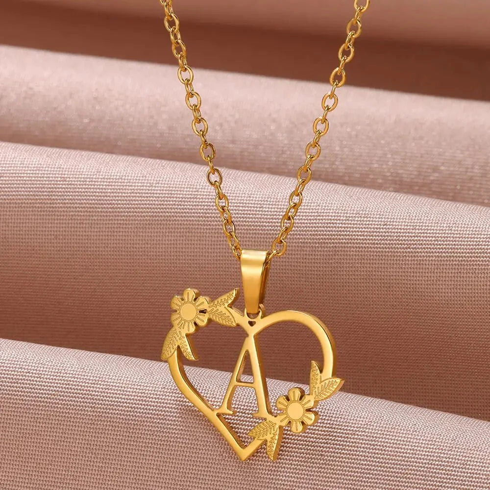 Dainty Floral Heart Letter Initial Necklace