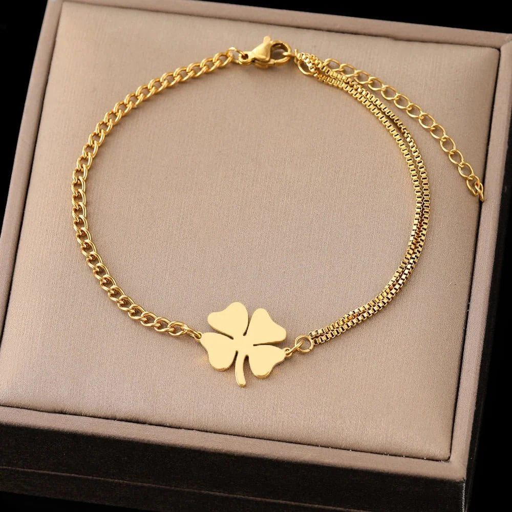 Dainty Four Leaf Clover Layered Chain Bracelet