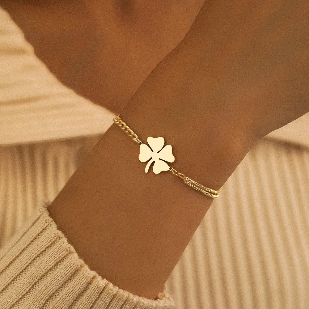 Dainty Four Leaf Clover Layered Chain Bracelet