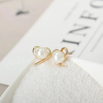Dainty Gold Accented Heart Pearl Stud Earrings