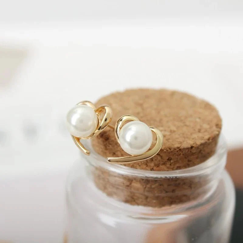 Dainty Gold Accented Heart Pearl Stud Earrings