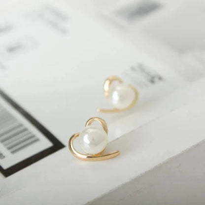 Dainty Gold Accented Heart Pearl Stud Earrings
