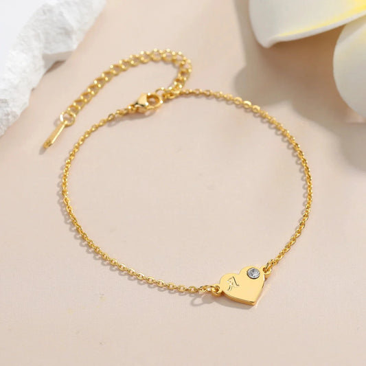 Dainty Heart Birthstone Letter Initial Bracelet