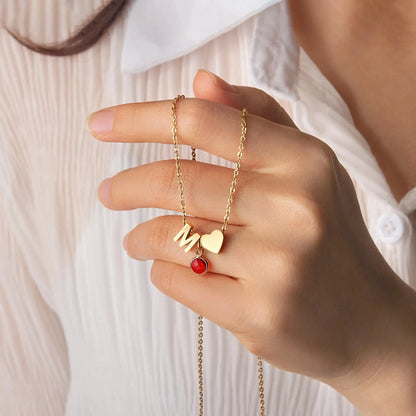 Dainty Heart & Birthstone Letter Initial Necklace