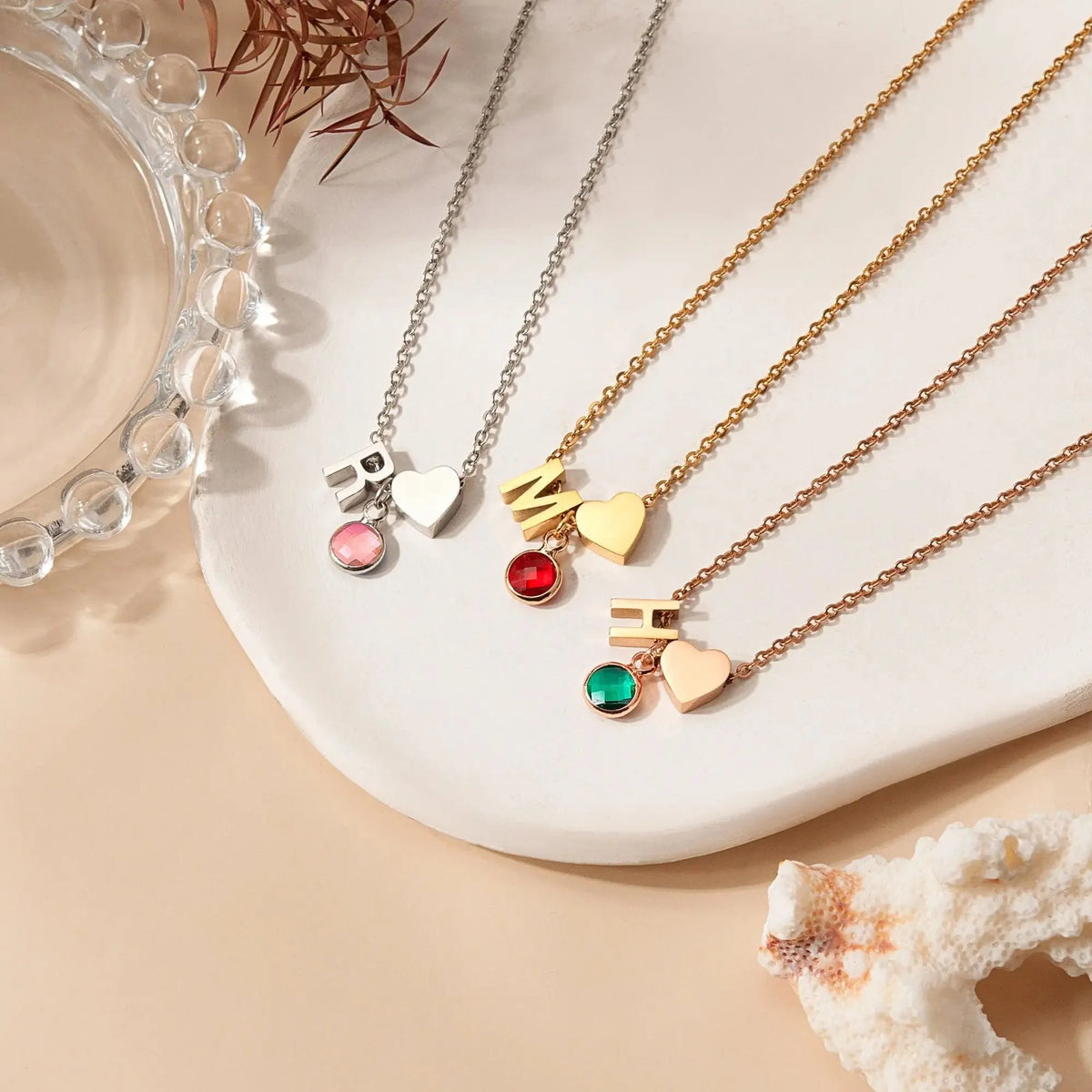 Dainty Heart & Birthstone Letter Initial Necklace