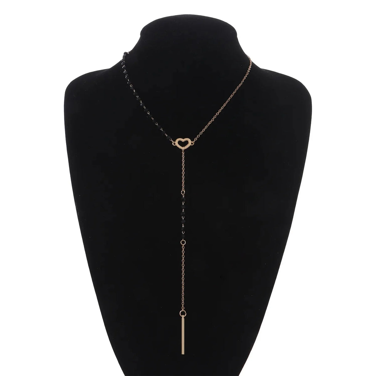 Dainty Heart Black and Gold Lariat Necklace
