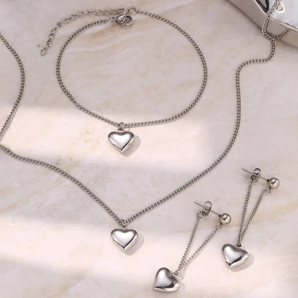 Dainty Heart Chain Necklace, Bracelet, and Earring Set