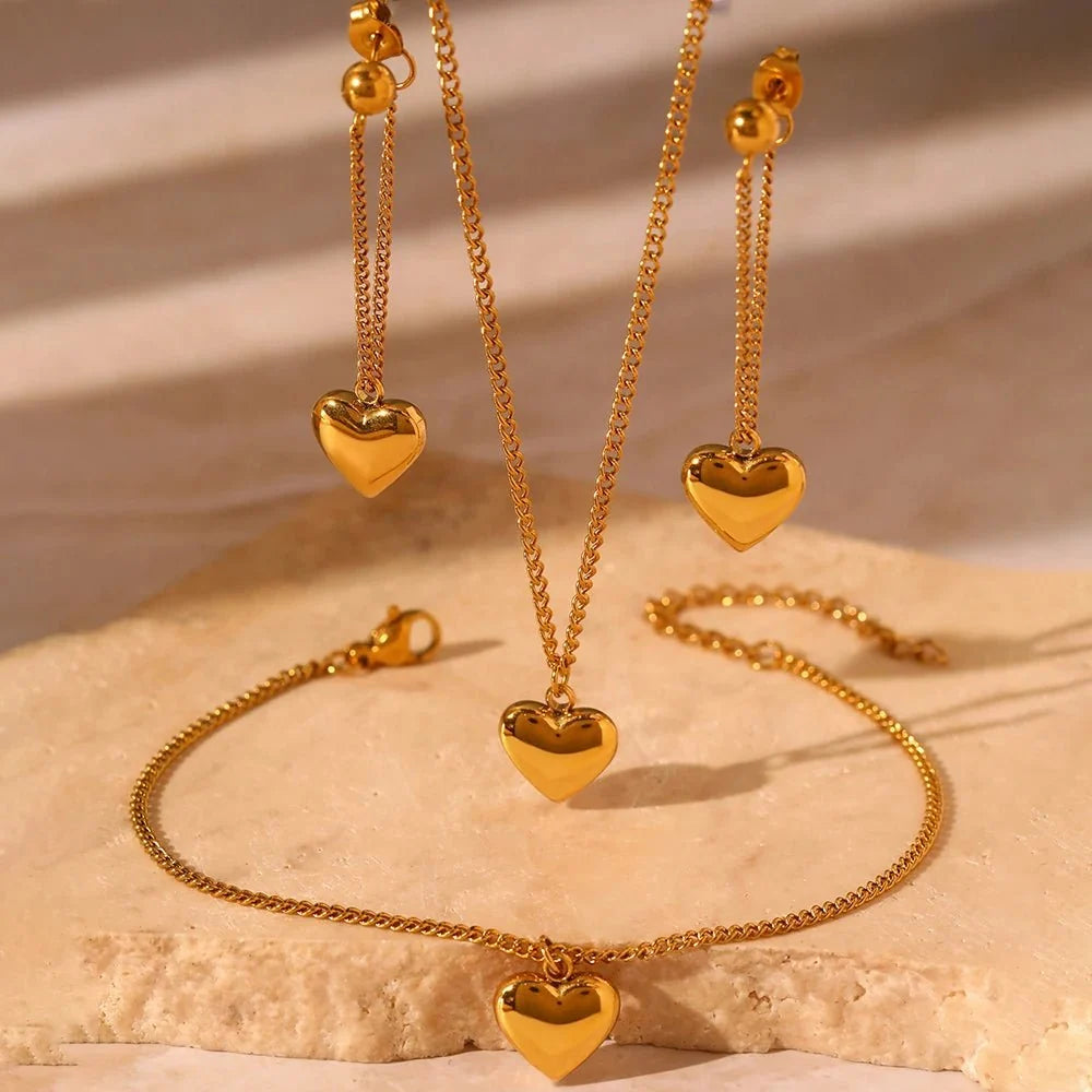 Dainty Heart Chain Necklace, Bracelet, and Earring Set
