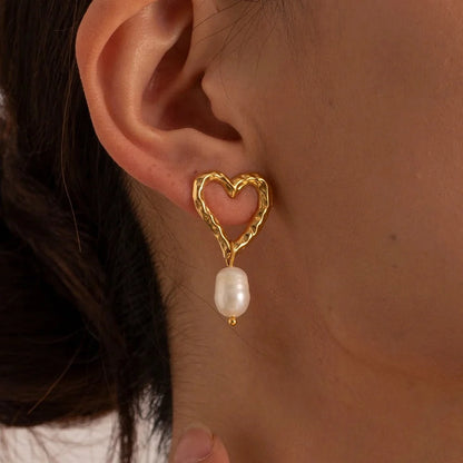 Dainty Heart Pearl Drop Earrings